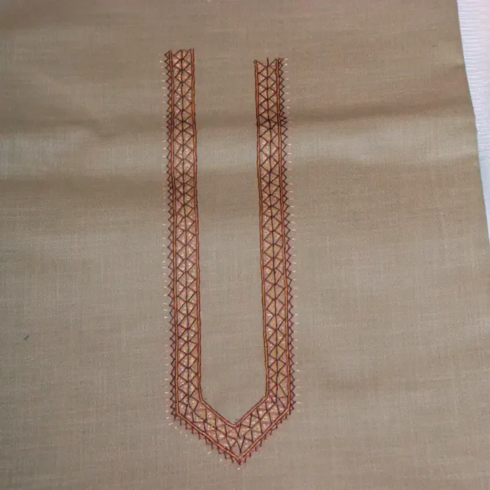 Beige Handcrafted Sozni Embroidered Kurta Pyjama in Ruby Cotton - Kashmiri Style - Image 2