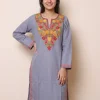 Long Chinari Aari Worked Grey Cotton Kurti | Pahalgam Collection