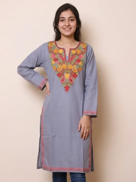 Long Chinari Aari Worked Grey Cotton Kurti | Pahalgam Collection