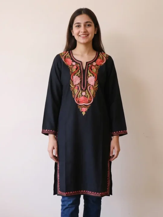 Beautiful Long Ruby Cotton Black Kurti with Kashmiri Aari Work | Pahalgam Collection