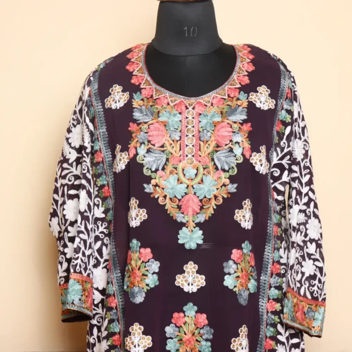 Elegent Violet Heavy Georgette Front Back Aari Embroidered Kurti  -Dal Jheel Collection - Image 3