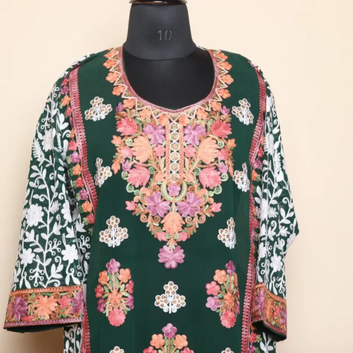 Elegent Green Heavy Georgette Front Back Aari Embroidered Kurti  -Dal Jheel Collection - Image 2