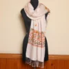 Kashmiri Aari Embroidered White Stole in Silk-Pashmina Fabric