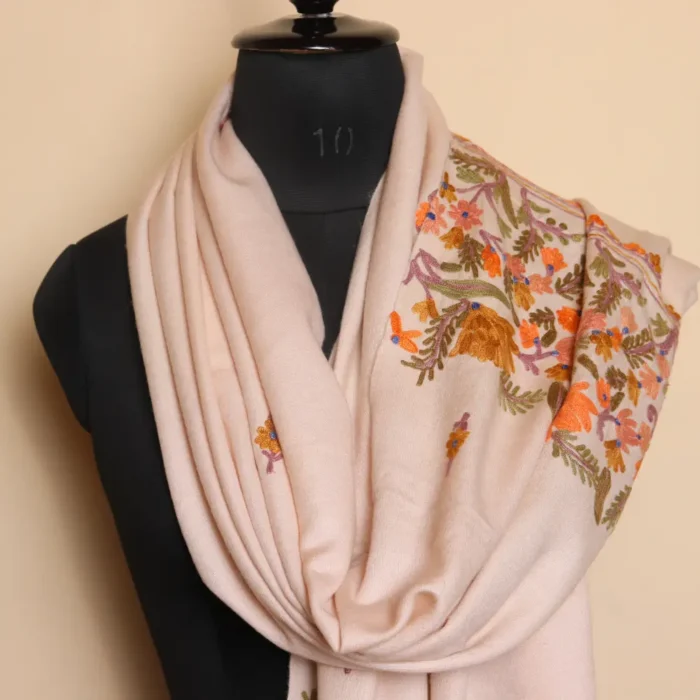 Kashmiri Aari Embroidered White Stole in Silk-Pashmina Fabric - Image 2