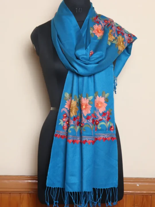 Elegant Silk Pashmina Blue Stole with Kashmiri Aari Embroidery