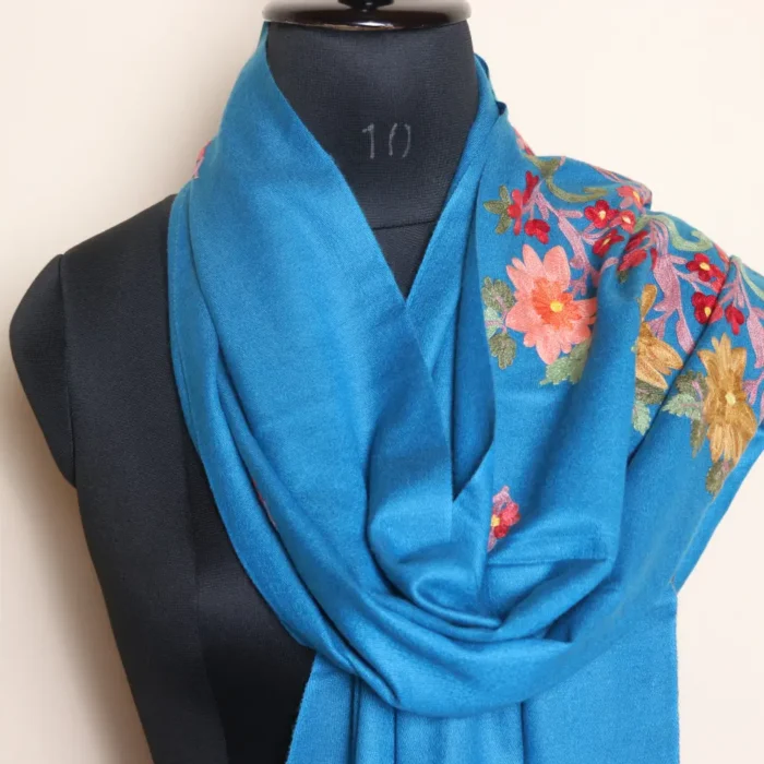 Elegant Silk Pashmina Blue Stole with Kashmiri Aari Embroidery - Image 2