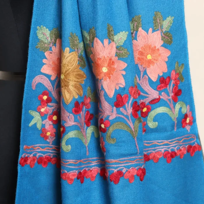 Elegant Silk Pashmina Blue Stole with Kashmiri Aari Embroidery - Image 3