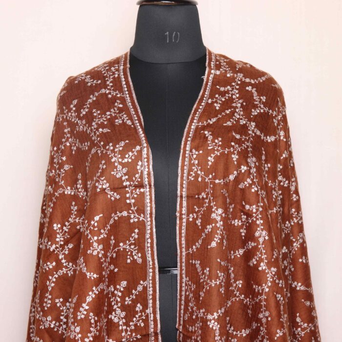 Chocolate Brown Soft Pashmina Wrap with Sozni Embroidery – Handwoven Kashmiri Stole | Pure Pashmina Scarf for Women - Image 2