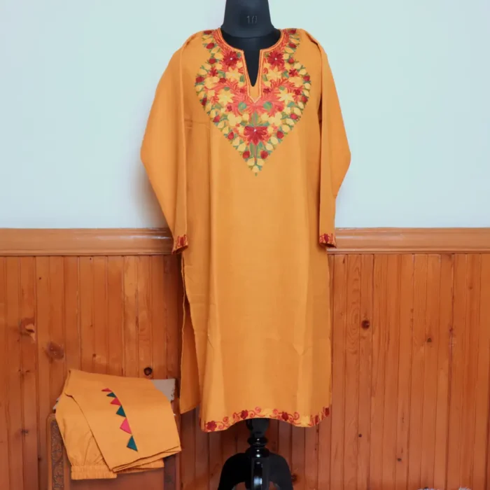 Elegant Mustard Kashmiri Ruby Cotton Kurti Set with Aari Embroidery | Gulmohar Collection