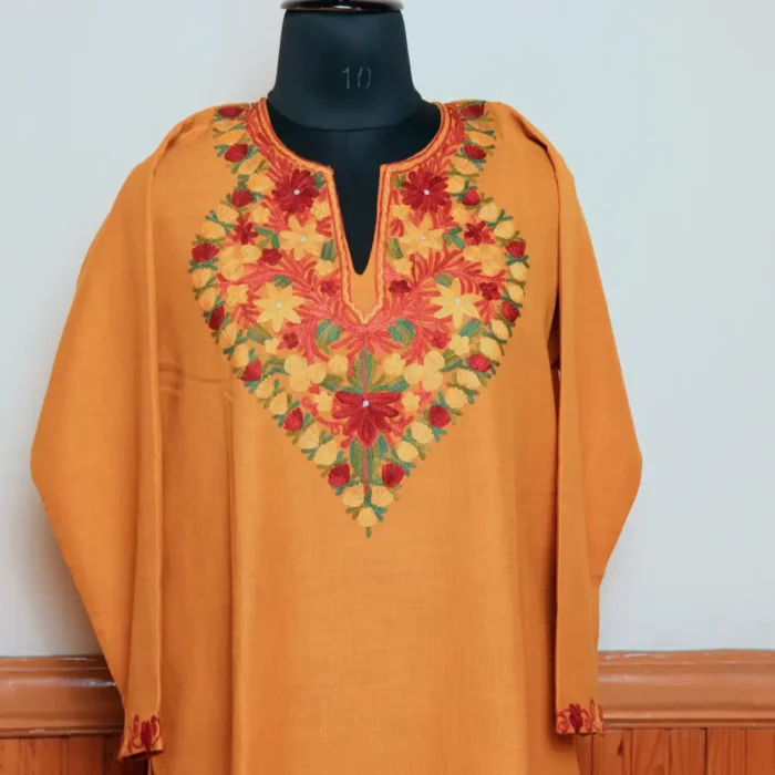 Elegant Mustard Kashmiri Ruby Cotton Kurti Set with Aari Embroidery | Gulmohar Collection - Image 2