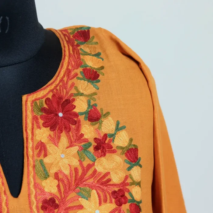 Elegant Mustard Kashmiri Ruby Cotton Kurti Set with Aari Embroidery | Gulmohar Collection - Image 3