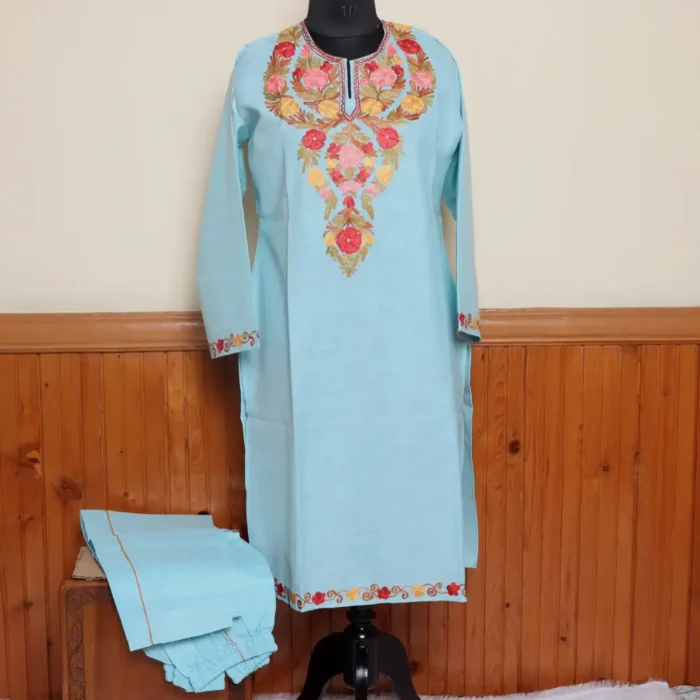 Kashmiri Blue Cotton Kurti Set with Aari Embroidery | Gulmohar Collection