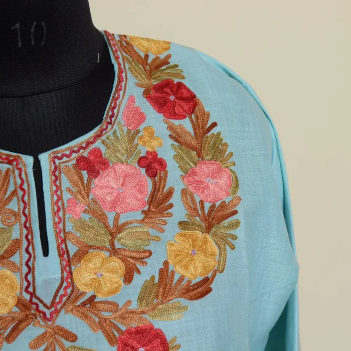 Kashmiri Blue Cotton Kurti Set with Aari Embroidery | Gulmohar Collection - Image 3