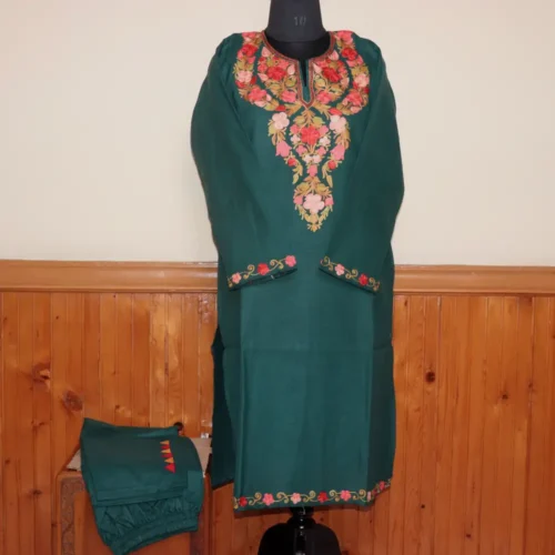 Dark Green Relaxed-Fit Kashmiri Kurti Set in Ruby Cotton with Aari Embroidery | Gulmohar Collection