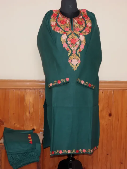Dark Green Relaxed-Fit Kashmiri Kurti Set in Ruby Cotton with Aari Embroidery | Gulmohar Collection