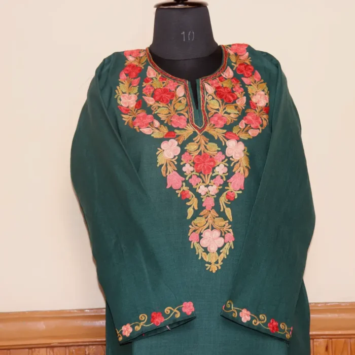 Dark Green Relaxed-Fit Kashmiri Kurti Set in Ruby Cotton with Aari Embroidery | Gulmohar Collection - Image 2