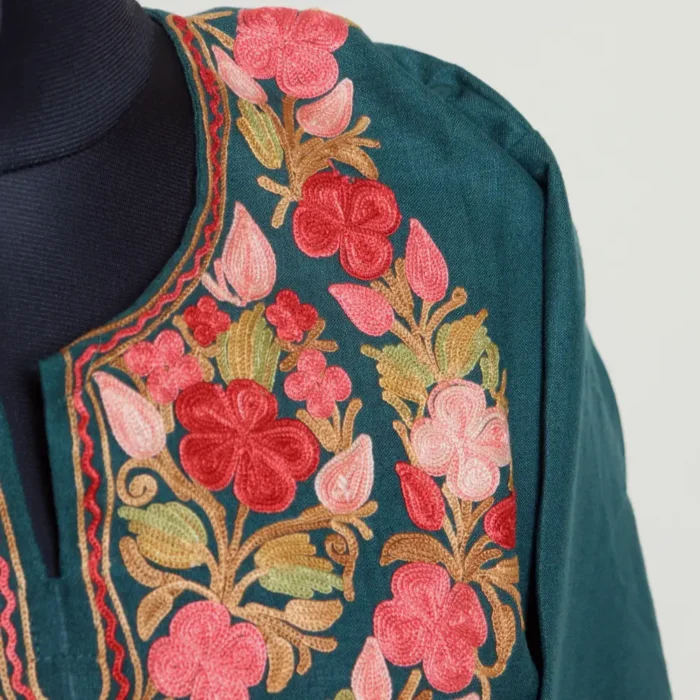 Dark Green Relaxed-Fit Kashmiri Kurti Set in Ruby Cotton with Aari Embroidery | Gulmohar Collection - Image 3