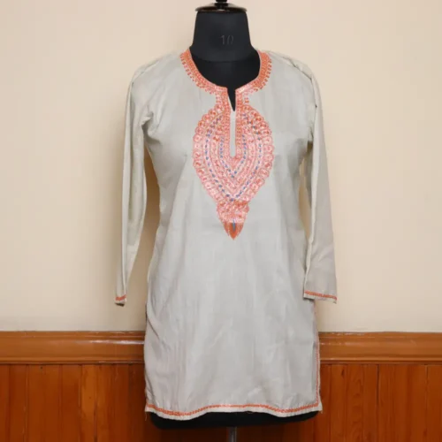 Beige Kashmiri Short Tilla Embroidered Cotton Kurta  - Dal Jheel Collection