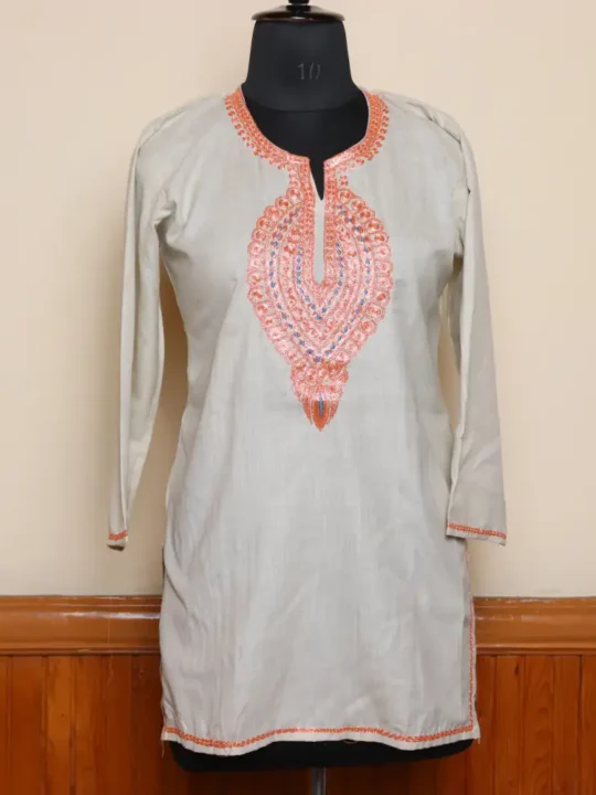Beige Kashmiri Short Tilla Embroidered Cotton Kurta  - Dal Jheel Collection