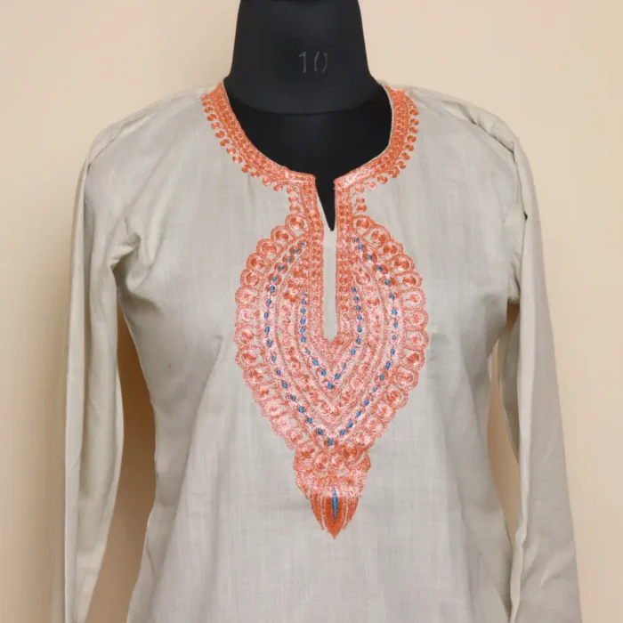Beige Kashmiri Short Tilla Embroidered Cotton Kurta  - Dal Jheel Collection - Image 2
