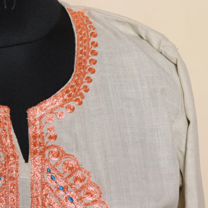 Beige Kashmiri Short Tilla Embroidered Cotton Kurta  - Dal Jheel Collection - Image 3