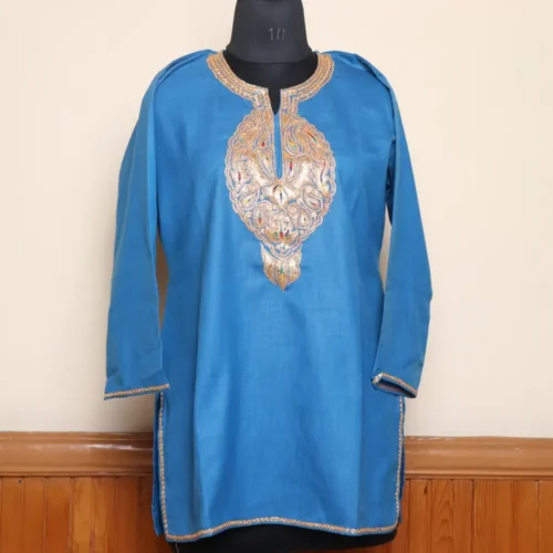 Kashmiri Short Tilla Embroidered Cotton Blue Kurta  - Dal Jheel Collection