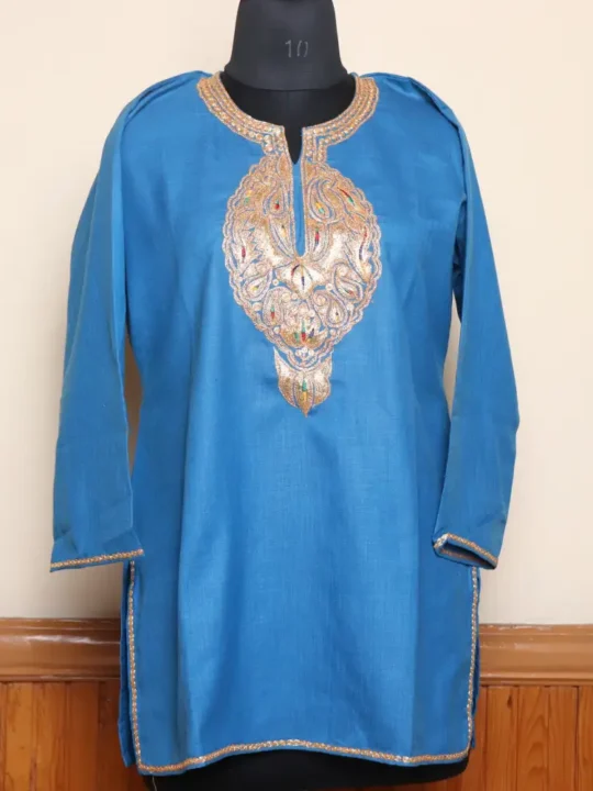 Kashmiri Short Tilla Embroidered Cotton Blue Kurta  - Dal Jheel Collection
