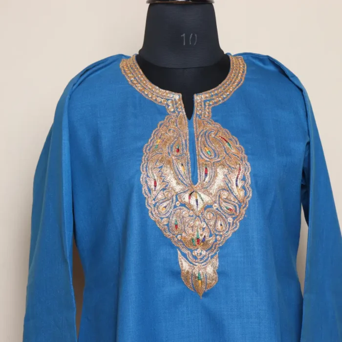 Kashmiri Short Tilla Embroidered Cotton Blue Kurta  - Dal Jheel Collection - Image 2