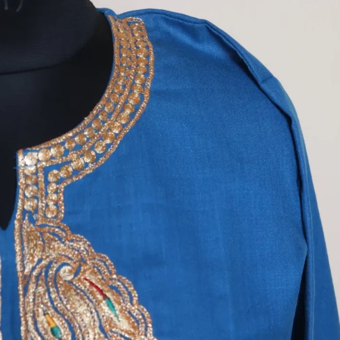 Kashmiri Short Tilla Embroidered Cotton Blue Kurta  - Dal Jheel Collection - Image 3