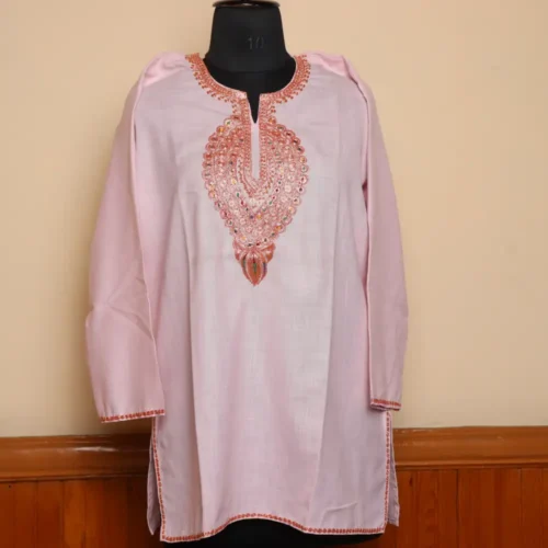 Short Tilla Embroidered Baby Pink Cotton Kurta  - Dal Jheel Collection