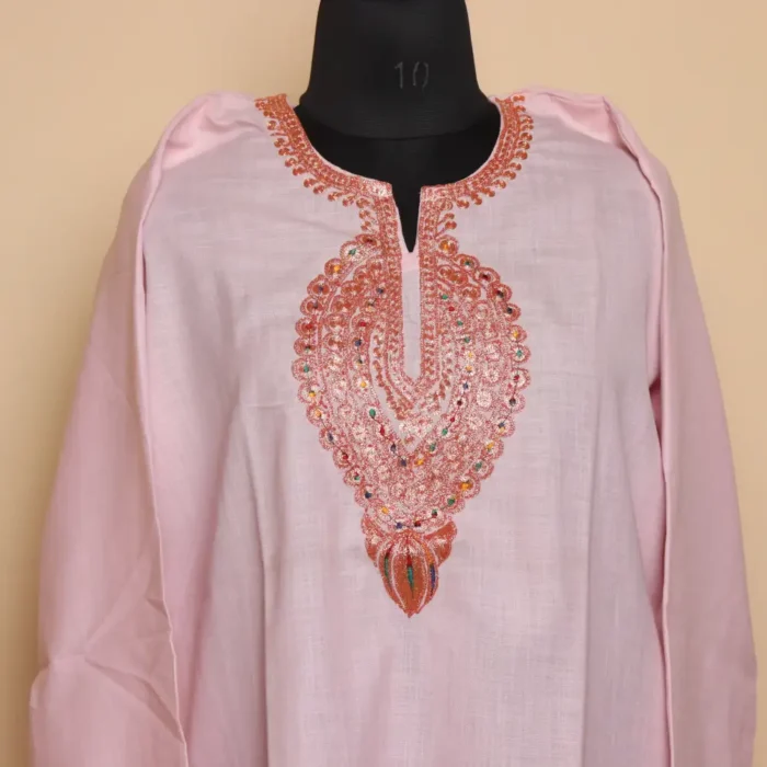 Short Tilla Embroidered Baby Pink Cotton Kurta  - Dal Jheel Collection - Image 2