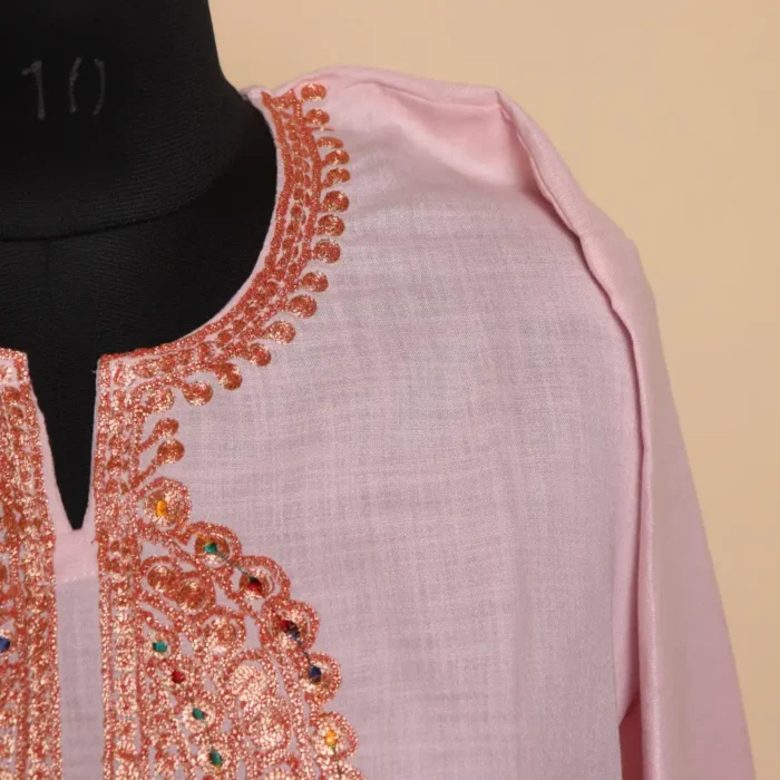 Short Tilla Embroidered Baby Pink Cotton Kurta  - Dal Jheel Collection - Image 3