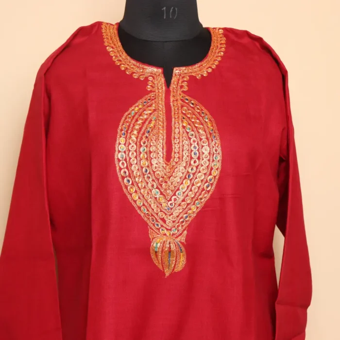 Red Short Tilla Embroidered Cotton Kurta  - Dal Jheel Collection - Image 2