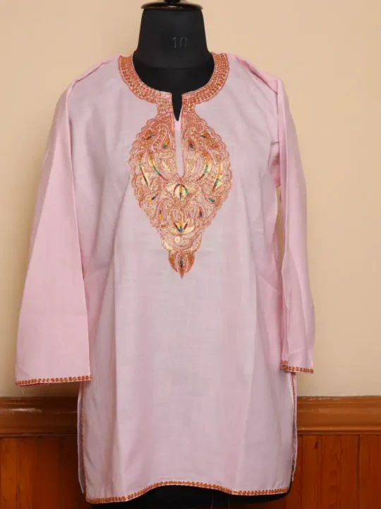 Pink Short Tilla Embroidered Cotton Kurta  - Dal Jheel Collection