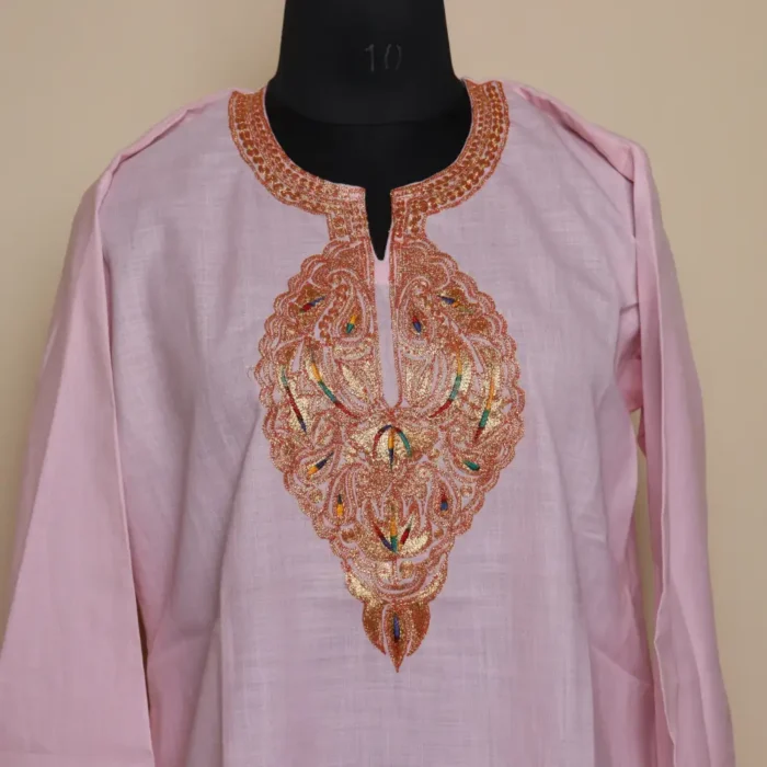 Pink Short Tilla Embroidered Cotton Kurta  - Dal Jheel Collection - Image 2