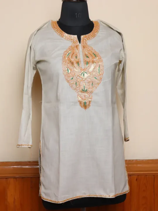 Kashmiri Beige Short Cotton Tilla Embroidered Kurta  - Dal Jheel Collection