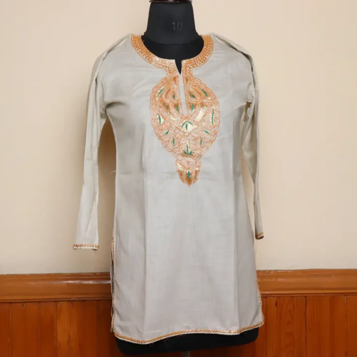 Kashmiri Beige Short Cotton Tilla Embroidered Kurta  - Dal Jheel Collection