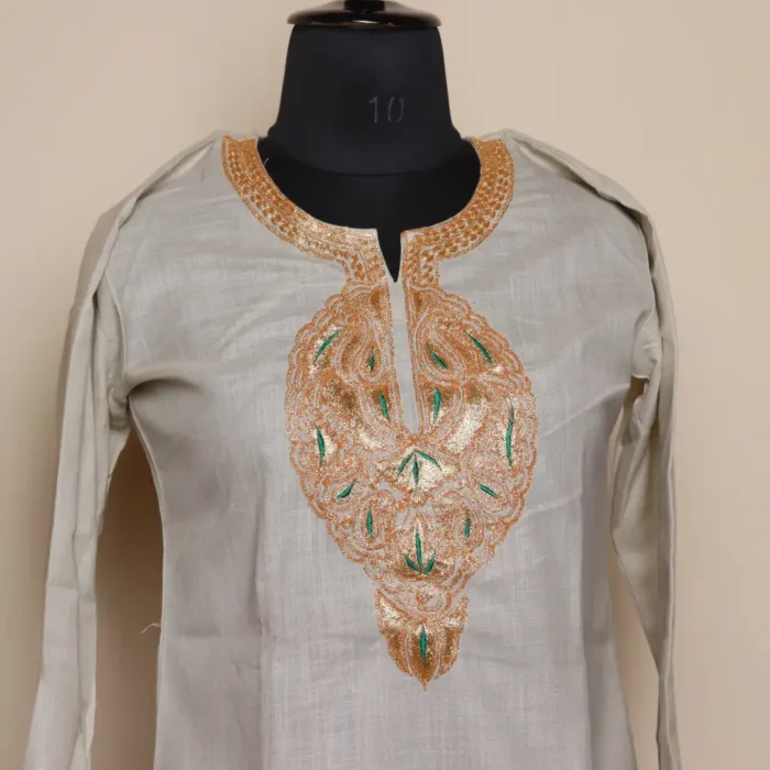 Kashmiri Beige Short Cotton Tilla Embroidered Kurta  - Dal Jheel Collection - Image 2