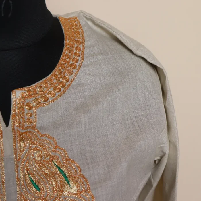 Kashmiri Beige Short Cotton Tilla Embroidered Kurta  - Dal Jheel Collection - Image 3