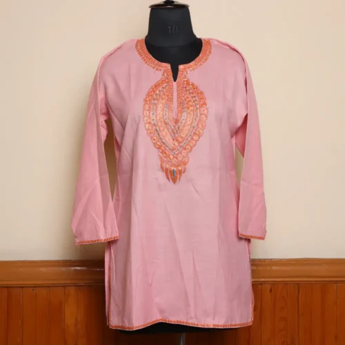 Kashmiri Pink Short Tilla Embroidered Cotton Kurta  - Dal Jheel Collection