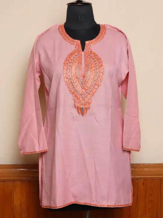 Kashmiri Pink Short Tilla Embroidered Cotton Kurta  - Dal Jheel Collection