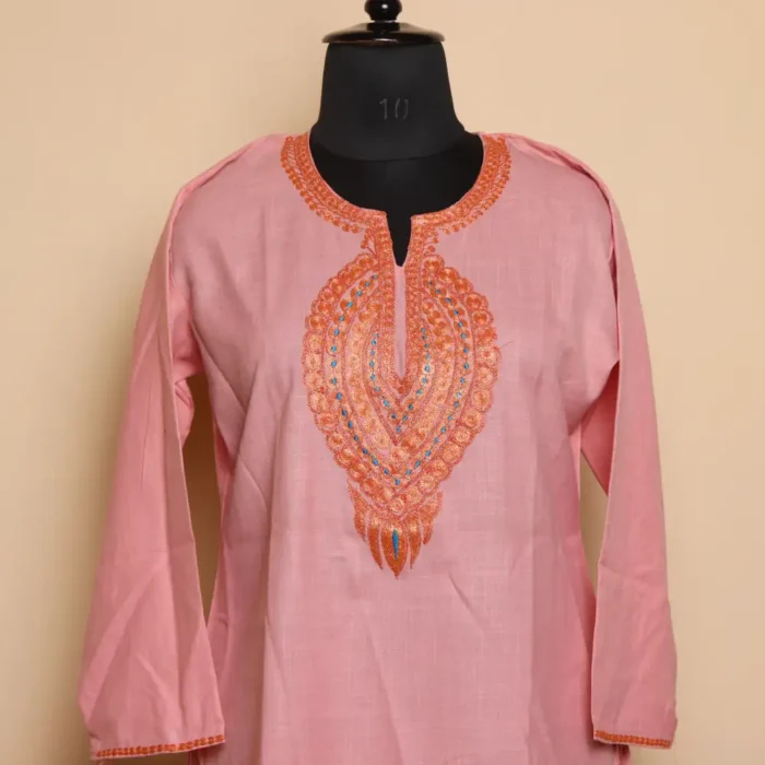 Kashmiri Pink Short Tilla Embroidered Cotton Kurta  - Dal Jheel Collection - Image 2