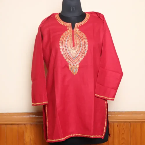 Short Tilla Embroidered Red Cotton Kurta  - Dal Jheel Collection