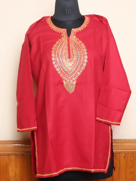 Short Tilla Embroidered Red Cotton Kurta  - Dal Jheel Collection