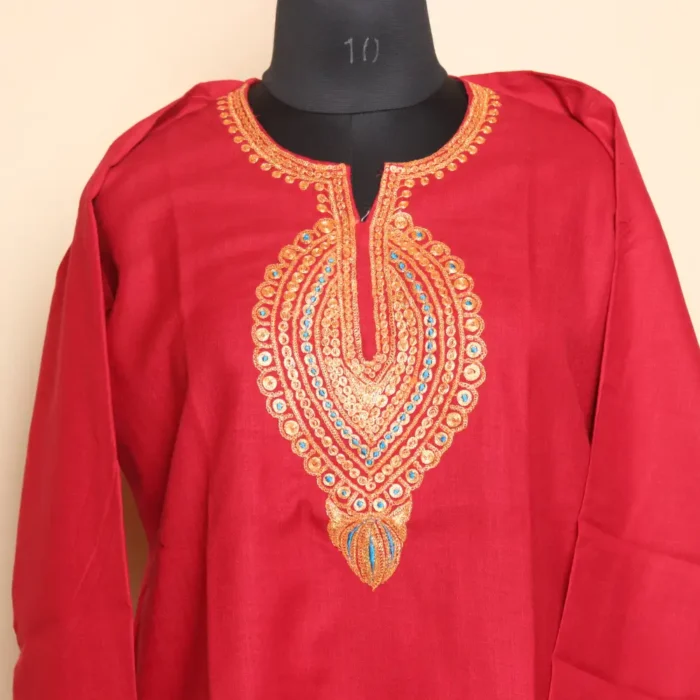 Short Tilla Embroidered Red Cotton Kurta  - Dal Jheel Collection - Image 2