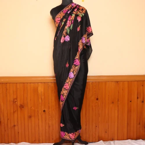 Kashmiri Black Chinnon Saree With Floral Motifs Aari Embroidery | Lal Bazaar Collection