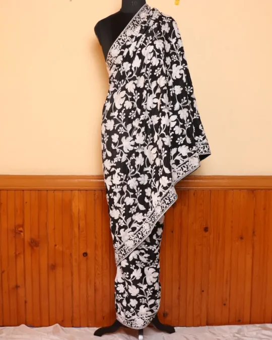 Black Kashmiri Crepe Chinar Jaal Saree | Lal Bazaar Collection