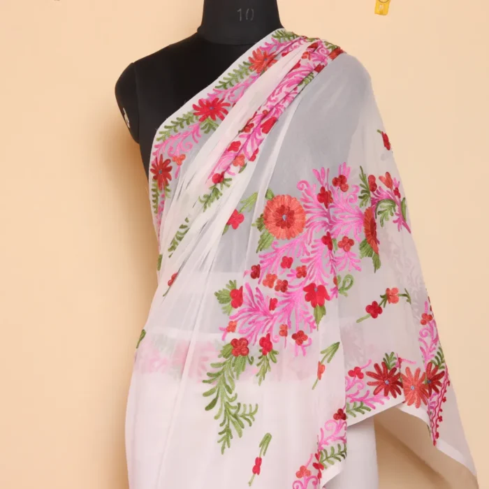 Kashmiri White Georgette Saree With Floral Aari Motifs | Lal Bazaar Collection - Image 2