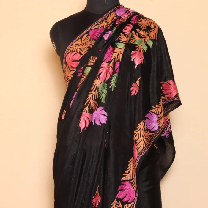 Kashmiri Black Chinnon Saree With Floral Motifs Aari Embroidery | Lal Bazaar Collection - Image 2