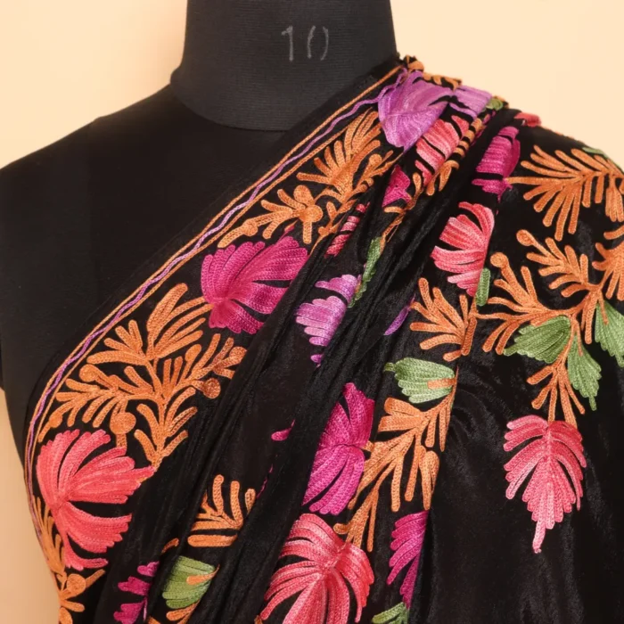 Kashmiri Black Chinnon Saree With Floral Motifs Aari Embroidery | Lal Bazaar Collection - Image 3